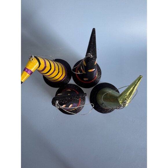 4 Witches Hat Halloween Metal Ornaments 6" With Glitter & Festive Designs - Picture 7 of 7